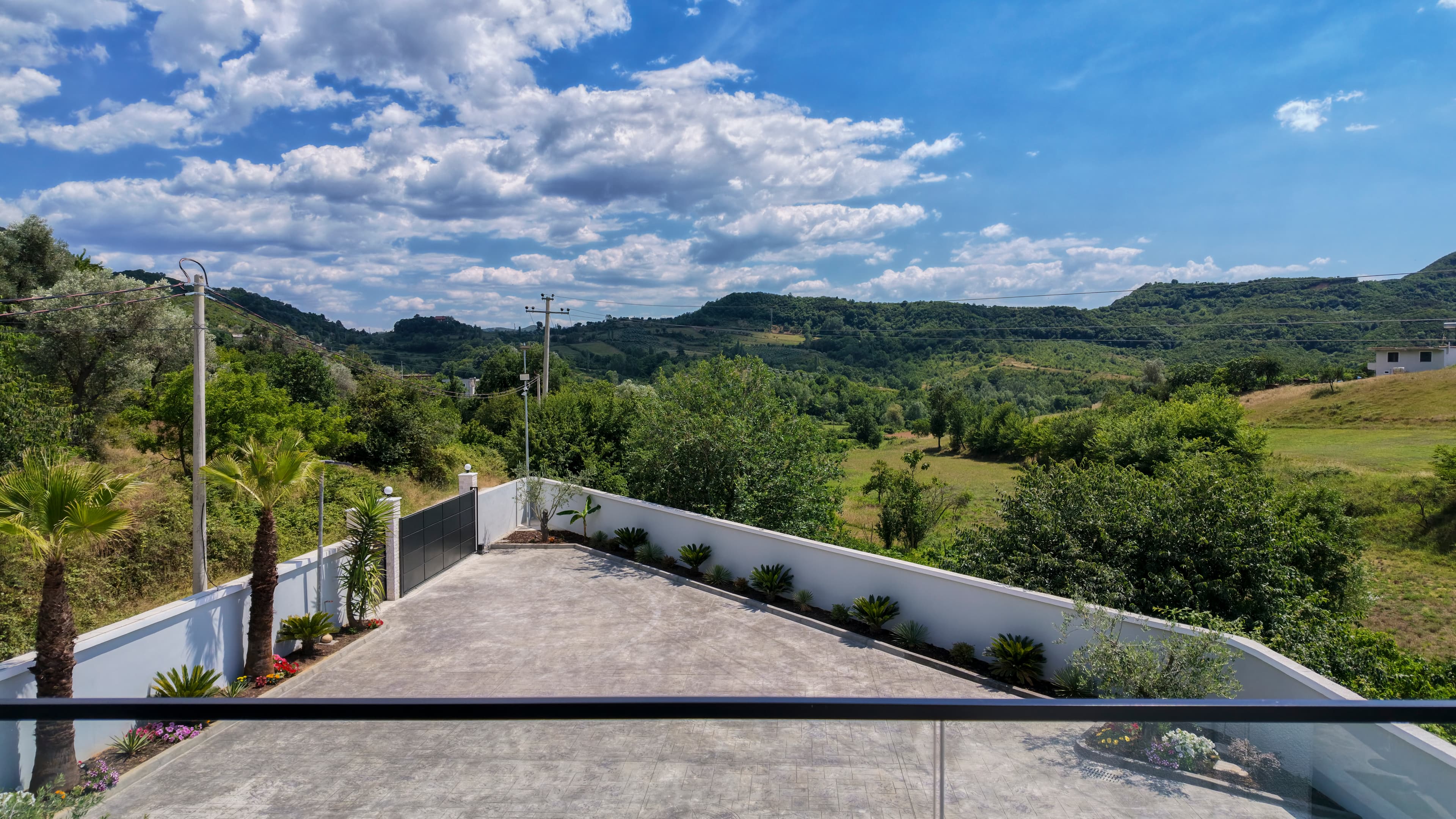 The view across the fields from the balcony